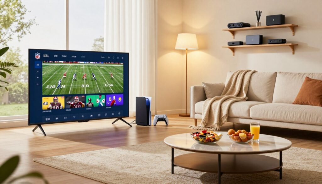 A modern living room featuring a comprehensive device setup for streaming NFL games. In the foreground, a sleek smart TV displays an NFL game streaming interface, with various live games visible. Beside it, a premium 4K streaming device is plugged in, alongside a gaming console. The middle ground showcases a comfortable couch with a cozy blanket draped over it, and a stylish coffee table adorned with snacks and drinks. The background contains a wall-mounted shelf with various streaming service devices, neatly organized. Soft, warm lighting from a nearby floor lamp creates an inviting atmosphere, while large windows let in natural light, suggesting an afternoon game day. The overall mood is energizing and family-friendly, ideal for football fans. A modern living room featuring a comprehensive device setup for streaming NFL games. In the foreground, a sleek smart TV displays an NFL game streaming interface, with various live games visible. Beside it, a premium 4K streaming device is plugged in, alongside a gaming console. The middle ground showcases a comfortable couch with a cozy blanket draped over it, and a stylish coffee table adorned with snacks and drinks. The background contains a wall-mounted shelf with various streaming service devices, neatly organized. Soft, warm lighting from a nearby floor lamp creates an inviting atmosphere, while large windows let in natural light, suggesting an afternoon game day. The overall mood is energizing and family-friendly, ideal for football fans.