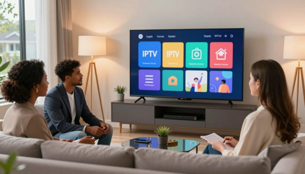 A modern living room featuring a sleek TV displaying a vibrant interface of a legal IPTV service, showcasing colorful app icons. In the foreground, a diverse group of three professionals dressed in smart casual attire – a Black woman, a Latino man, and a Caucasian woman – seated comfortably on a stylish sofa, engaged in conversation while enjoying the IPTV content on screen. The room is well-lit, with warm, inviting lighting emanating from floor lamps and soft natural light streaming through a large window in the background, which reveals a suburban landscape outside. The atmosphere is friendly and relaxed, emphasizing a positive viewing experience that highlights the legitimacy and quality of legal IPTV services.