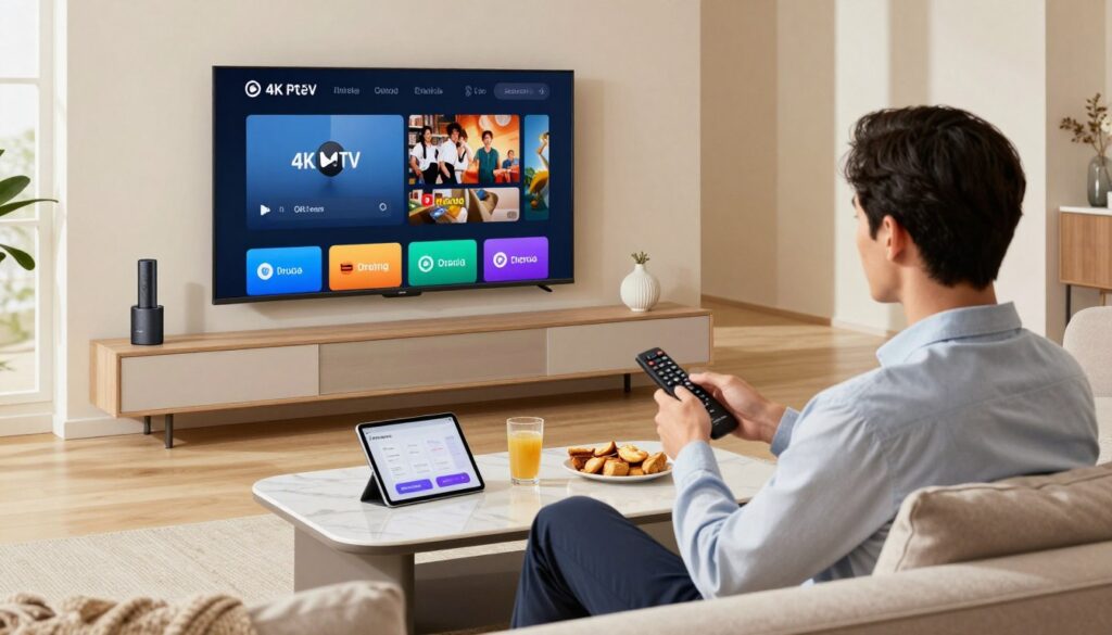 A modern living room interior featuring a sleek TV mounted on a wall displaying IPTV app icons, with a Firestick 4K Max plugged in. In the foreground, a tech-savvy individual dressed in business-casual attire is focused on using a remote control, sitting comfortably on a stylish sofa. The middle ground includes an elegant coffee table with an open tablet showing a setup guide alongside snacks and a drink. The background showcases a well-lit room with natural light streaming through a window, enhancing a cozy atmosphere. The overall mood is engaging and inviting, emphasizing a seamless user experience in setting up IPTV on the Fire Stick. The angle captures all subjects clearly, highlighting the technology and setup process.