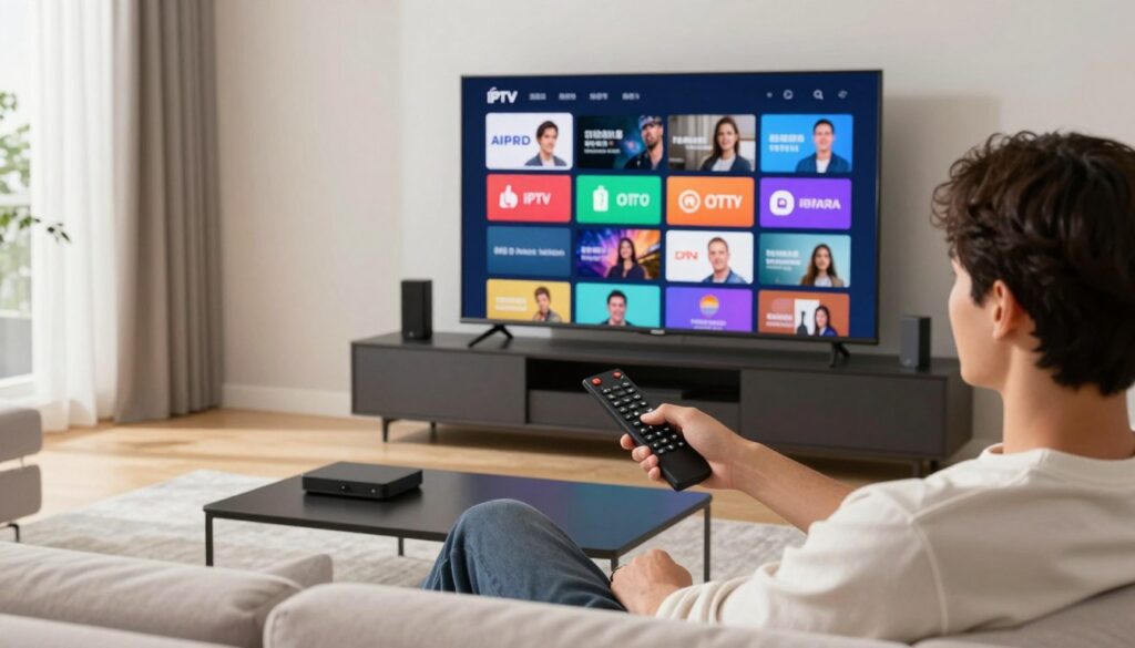 A modern living room scene depicting an individual using an IPTV service, showcasing a large flat-screen TV streaming various content. In the foreground, a person in smart casual clothing sits comfortably on a stylish couch, remote in hand, engaged with the screen. In the middle ground, the TV displays an array of colorful app icons representing different IPTV and OTT services, complemented by a sleek media console filled with devices. The background features a well-lit room with minimalistic decor, emphasizing a cozy, modern ambiance. Natural light pours in from a nearby window, creating a warm atmosphere. The angle captures both the person’s expression of enjoyment and the vibrant content on the screen, illustrating the appeal of IPTV services in contemporary homes.