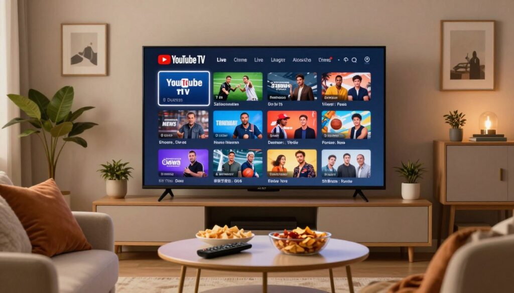 A modern living room scene showcasing a large flat-screen TV displaying a vibrant interface of YouTube TV live channels. In the foreground, a cozy couch with plush throw pillows invites viewers, while a stylish coffee table holds snacks and a remote control. In the middle, the TV screen brightly exhibits various popular channels with engaging thumbnails, highlighting sports, news, and entertainment options, all designed with a polished, user-friendly layout. The background features a warm, inviting atmosphere with ambient lighting and soft-focus decorations like houseplants and decorative art. The overall mood should convey comfort, excitement, and the convenience of modern streaming, perfect for cord-cutters seeking cable-like coverage.