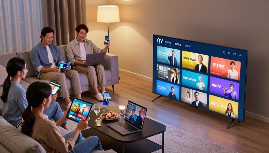A modern living room scene showcasing "multi-device streaming" in action. In the foreground, a sleek television displaying a vibrant streaming interface with multiple shows. To the left, a family of four, dressed in professional casual attire, engaged with various devices: a tablet, a smartphone, and a laptop, all connected to the IPTV service. In the middle, a stylish coffee table with snacks and drinks, adding a homey touch. In the background, a soft glow from ambient lighting creates a cozy atmosphere. The overall mood is lively and engaging, emphasizing the convenience of multi-device streaming. The angle captures the room from a slight overhead perspective, giving a comprehensive view of all devices in use without any distractions or text overlays.