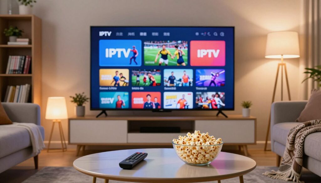 A modern living room setting featuring a large flat-screen TV displaying an array of live streaming channels with vibrant colors, showcasing various categories like sports, movies, and news. In the foreground, a stylish coffee table holds a remote control and a bowl of popcorn, suggesting an inviting atmosphere for a viewing experience. The middle ground includes a comfortable sofa, elegantly arranged for relaxation, with a decorative throw blanket. Soft, warm lighting emanates from stylish floor lamps, casting a cozy glow throughout the space. In the background, subtle details like a bookshelf filled with DVDs and plants add to the modern decor. The overall mood conveys the excitement of streaming entertainment at home, reflecting the ease and convenience of IPTV services.