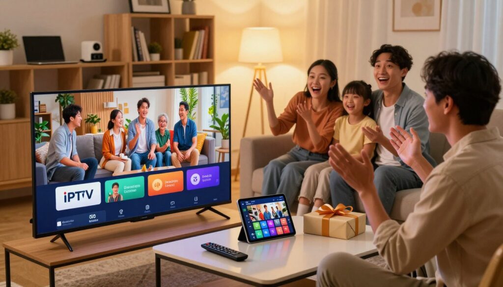 A modern living room setting illuminated by soft, warm lighting. In the foreground, a sleek, high-definition television displays a vibrant scene from a popular show, symbolizing IPTV service quality. Scattered on a coffee table are a remote control, a tablet showing a user-friendly IPTV interface, and a gift-wrapped box, indicating a subscription as a present. In the middle ground, a family enjoys the IPTV experience together, dressed in smart casual clothing, expressing joy and excitement. The background features a stylish bookshelf filled with gadgets, books, and decorative items, creating a cozy atmosphere. The camera angle is slightly elevated, looking down to capture the lively interaction and vibrant colors while emphasizing a sense of comfort and trustworthiness in the IPTV service.