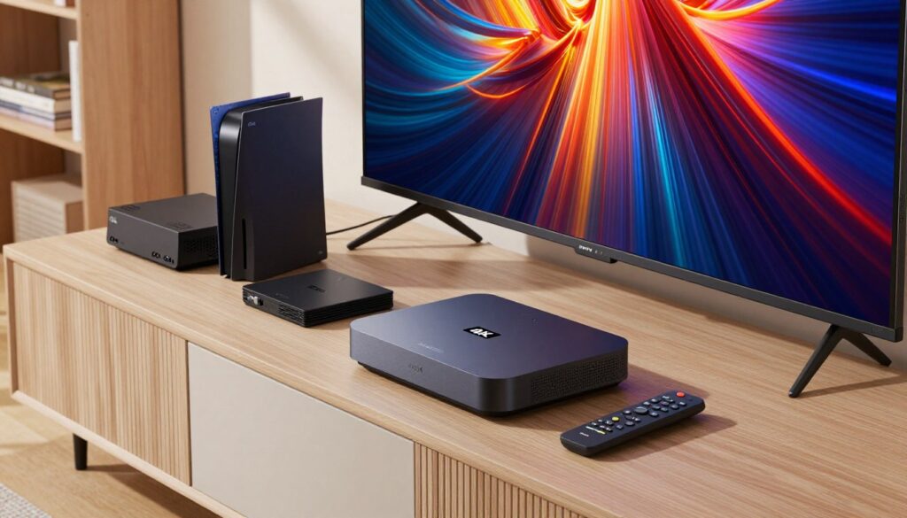 A modern living room setting showcasing popular 4K streaming devices in a well-organized entertainment center. In the foreground, a sleek 4K streaming box with a remote control positioned beside it, and a vibrant smart TV displaying an abstract 4K image. In the middle, various streaming devices like a gaming console and a digital media player, all with visible 4K logos. The background features soft ambient lighting that creates a cozy atmosphere and a stylish bookshelf subtly blending in. The angle of the shot is slightly elevated, capturing depth and enhancing the visual appeal. The overall mood is inviting and tech-savvy, perfect for illustrating a contemporary streaming setup.