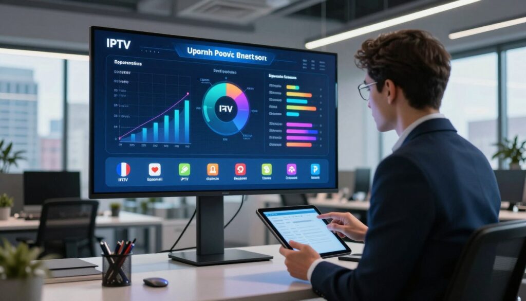 A modern office environment featuring a high-tech digital display showcasing a vibrant comparison chart of IPTV provider uptime and channel offerings. In the foreground, a professional in business attire interacts with a tablet, analyzing the data. The middle ground depicts dynamic graphs and colorful icons representing different channels, with logos symbolizing French and English IPTV options. The background contains sleek office furniture and soft ambient lighting, enhancing the workspace's modern atmosphere. A large window with a city view of Montreal offers a glimpse of the skyline, adding context. The overall mood is analytical and tech-savvy, conveying the essence of evaluating IPTV performance effectively.