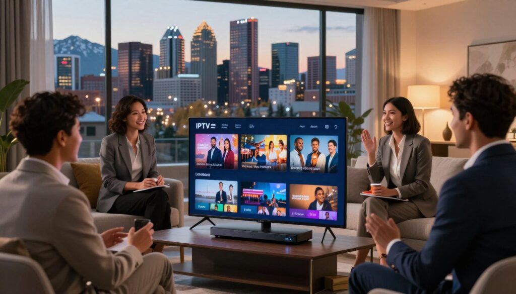 A modern urban landscape featuring Calgary’s iconic skyline in the background during twilight. In the foreground, a diverse group of professionals dressed in business attire gather around a sleek, high-tech media streaming device, displaying various TV channels. The warm glow from the device illuminates their faces, reflecting excitement and engagement. The middle ground showcases a cozy living room setting with comfortable furniture and a large screen playing popular entertainment, emphasizing a welcoming atmosphere. Soft, dynamic lighting creates a lively ambiance, while the mountains in the distance frame the scene, encapsulating the essence of Calgary. The perspective is slightly angled to highlight both the professionals and the device, showcasing the latest IPTV technology.