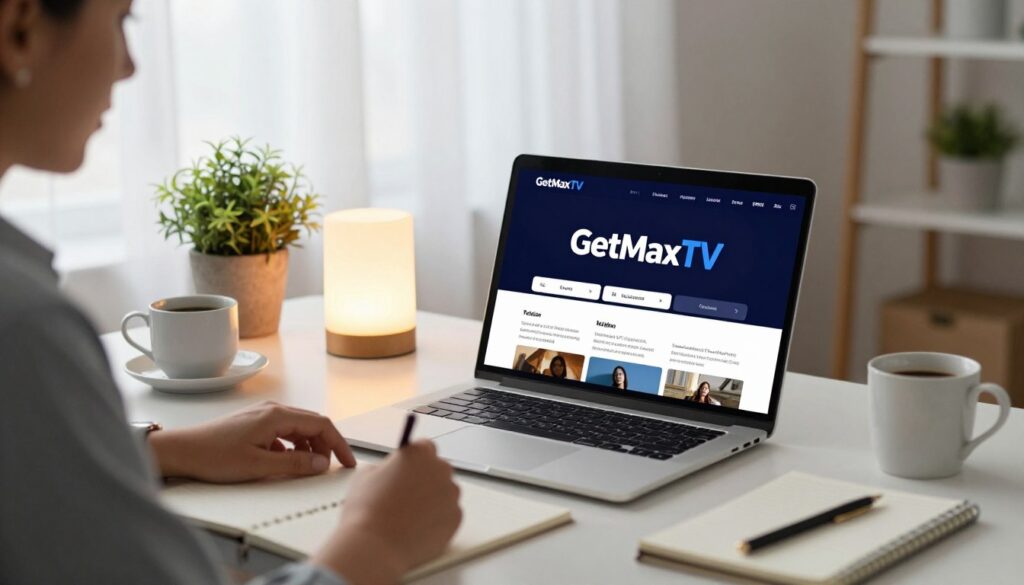A modern workspace setup with a sleek laptop open to a streaming service interface, featuring the logo of GetMaxTV prominently displayed on the screen. In the foreground, a focused individual in smart casual attire, sitting at a stylish desk with a notepad and pen, looking engaged as they explore the trial options. In the middle ground, a warm ambient light gives a welcoming vibe, while a potted plant and a coffee cup add a touch of comfort. The background shows a bright window with natural light filtering through sheer curtains, creating a serene atmosphere. The image should convey a sense of enthusiasm and clarity, with a depth of field that keeps the focus on the trial setup process without distractions. A modern workspace setup with a sleek laptop open to a streaming service interface, featuring the logo of GetMaxTV prominently displayed on the screen. In the foreground, a focused individual in smart casual attire, sitting at a stylish desk with a notepad and pen, looking engaged as they explore the trial options. In the middle ground, a warm ambient light gives a welcoming vibe, while a potted plant and a coffee cup add a touch of comfort. The background shows a bright window with natural light filtering through sheer curtains, creating a serene atmosphere. The image should convey a sense of enthusiasm and clarity, with a depth of field that keeps the focus on the trial setup process without distractions.