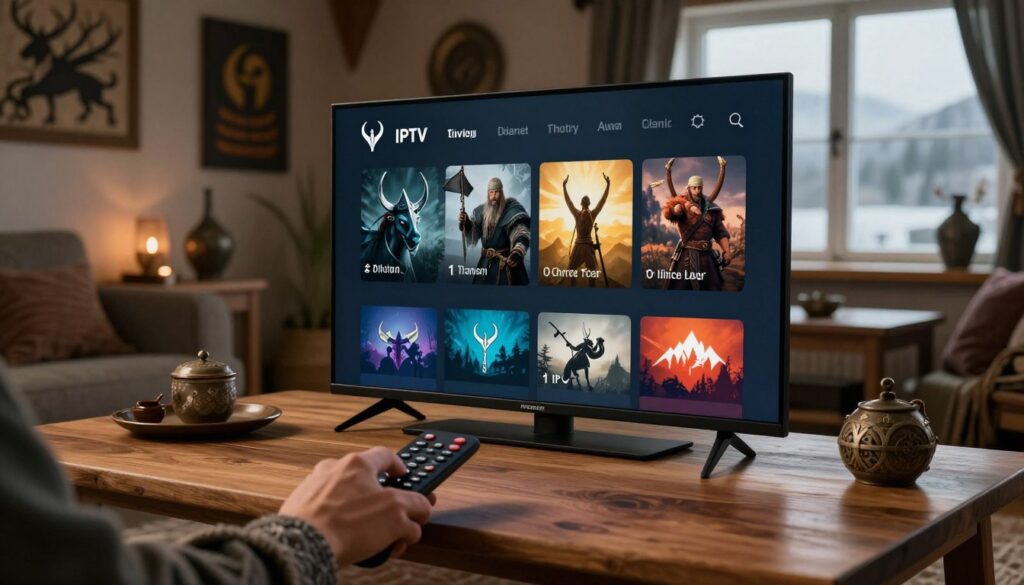 A richly detailed Viking-themed IPTV interface displayed on a sleek modern screen. In the foreground, a hand reaches for a remote control on a stylish wooden table, showcasing various vibrant streaming channel icons resembling historic Viking imagery. The middle ground features a cozy living room decorated with Norse-inspired art and artifacts, softly lit by ambient lighting that evokes a warm, inviting atmosphere. The background shows a window with a glimpse of a chilly, misty landscape reminiscent of Scandinavia, hinting at a global reach. The image should be captured from a slight angle to emphasize depth, using soft focus on the background to keep the viewer's attention on the IPTV screen. The overall mood is engaging and adventurous, reflecting a blend of ancient culture and modern technology.
