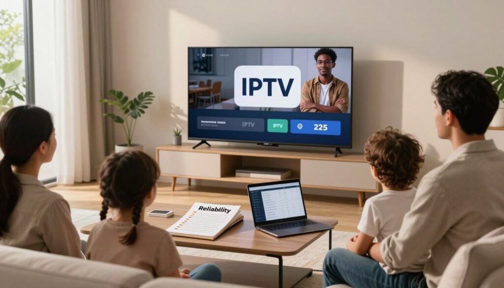 A serene, modern living room setting, with a sleek television displaying high-quality IPTV content. In the foreground, a family of four watches attentively, depicting diverse ethnicities, all dressed in casual but tidy clothing. Their expressions convey satisfaction and trust. In the middle, a stylish coffee table holds a notebook with a checklist titled "Reliability," alongside a laptop showing performance statistics. The background features large windows allowing natural light to flood the room, casting warm, inviting hues. Soft shadows add depth, while a plant in the corner enhances the calm ambiance. The overall mood reflects stability and dependability, signifying the essence of reliability in IPTV services for 2025. A serene, modern living room setting, with a sleek television displaying high-quality IPTV content. In the foreground, a family of four watches attentively, depicting diverse ethnicities, all dressed in casual but tidy clothing. Their expressions convey satisfaction and trust. In the middle, a stylish coffee table holds a notebook with a checklist titled "Reliability," alongside a laptop showing performance statistics. The background features large windows allowing natural light to flood the room, casting warm, inviting hues. Soft shadows add depth, while a plant in the corner enhances the calm ambiance. The overall mood reflects stability and dependability, signifying the essence of reliability in IPTV services for 2025.