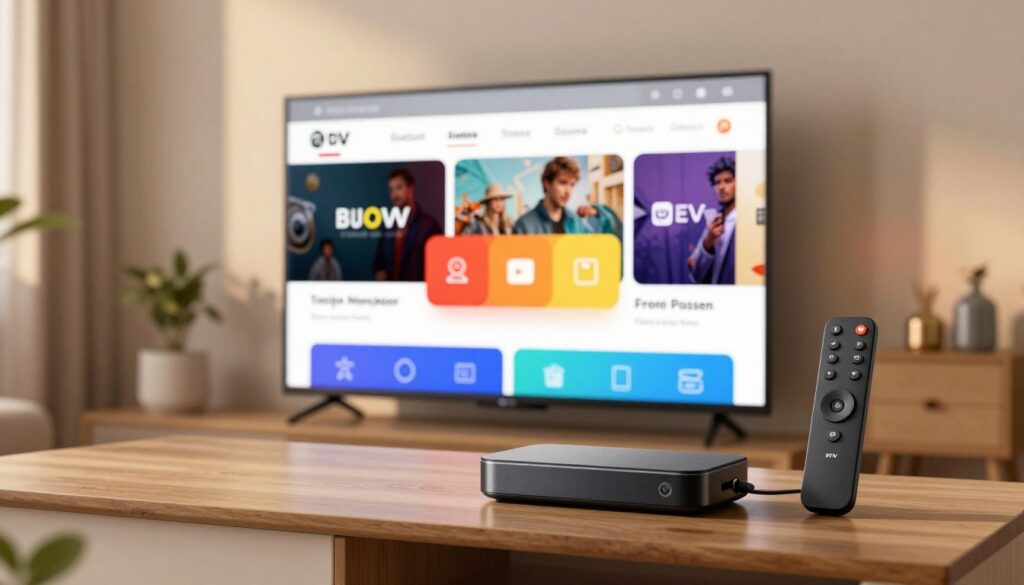 A sleek and modern downloader app interface displayed prominently in the foreground, showcasing an intuitive design with vibrant icons and a user-friendly layout. In the middle ground, a Firestick device is elegantly positioned with a remote control beside it, emphasizing the connection to streaming. The background features a softly blurred living room setting with a TV displaying the app interface, casting a warm glow that suggests a cozy atmosphere. The lighting is soft and inviting, replicating a late-afternoon ambiance. Capture the clean lines and vibrant colors of the app interface while maintaining a professional feel. This composition evokes a sense of ease and readiness, perfect for beginners preparing their Firestick for IPTV installation.