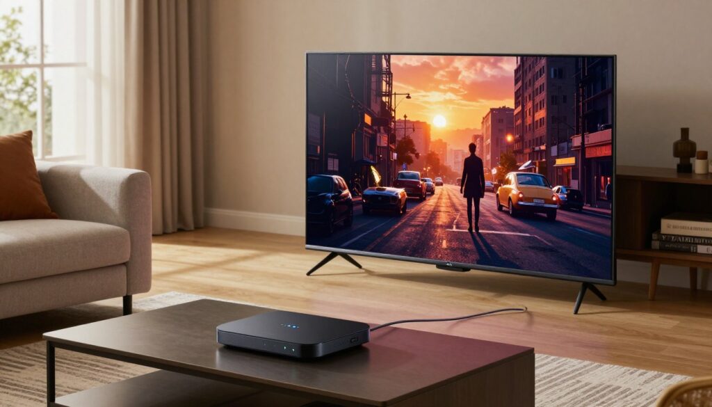 A sleek living room setting designed for optimal streaming quality, featuring a large flat-screen TV displaying a vibrant scene in high definition, showcasing rich colors and sharp details. In the foreground, a modern coffee table holds a streaming device with glowing indicators of connectivity. The middle layer includes a cozy couch with plush cushions and a stylish rug, enhancing the inviting atmosphere. In the background, a window allows soft, natural light to filter in, creating a warm ambiance. The overall mood is relaxed and engaging, perfect for enjoying high-quality streaming. The image is shot from a slightly elevated angle, emphasizing the layout of the room, capturing the essence of comfort and advanced technology. A sleek living room setting designed for optimal streaming quality, featuring a large flat-screen TV displaying a vibrant scene in high definition, showcasing rich colors and sharp details. In the foreground, a modern coffee table holds a streaming device with glowing indicators of connectivity. The middle layer includes a cozy couch with plush cushions and a stylish rug, enhancing the inviting atmosphere. In the background, a window allows soft, natural light to filter in, creating a warm ambiance. The overall mood is relaxed and engaging, perfect for enjoying high-quality streaming. The image is shot from a slightly elevated angle, emphasizing the layout of the room, capturing the essence of comfort and advanced technology.