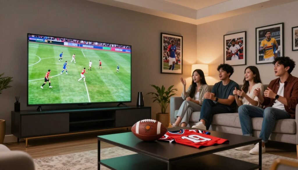 A sleek, modern living room setting with a large flat-screen TV prominently displaying a vibrant sports match in 4K resolution, showcasing intense players in action. In the foreground, a stylish coffee table is adorned with sports memorabilia, such as a football and a vintage jersey. The middle ground features comfortable seating arranged for watching the game, with a diverse group of people—two men and a woman—all dressed in smart casual attire, focused and excited. The background showcases a wall adorned with framed sports posters and subtle ambient lighting that enhances the lively atmosphere. The scene is well-lit with warm lighting for a cozy feel, shot from a low angle to emphasize the grandeur of the entertainment setup, creating an inviting and engaging mood for sports enthusiasts.