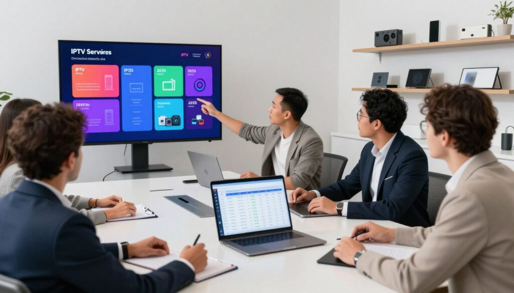 A sleek, modern workspace with a clean, minimalist aesthetic. In the foreground, a large digital screen displays vibrant infographics comparing various IPTV service offers for Canadian networks in 2025. The middle ground features a stylish conference table with a laptop open, showing a detailed spreadsheet of service comparisons. Surrounding the table, a diverse group of professionals in business attire engage in discussion, pointing at the screen, emphasizing collaboration and analysis. Soft, diffused lighting fills the room, creating an engaging and productive atmosphere, with shelves of contemporary tech gadgets in the background. The angle is slightly elevated, offering a comprehensive view of the workspace, enhancing the sense of innovation and digital focus.