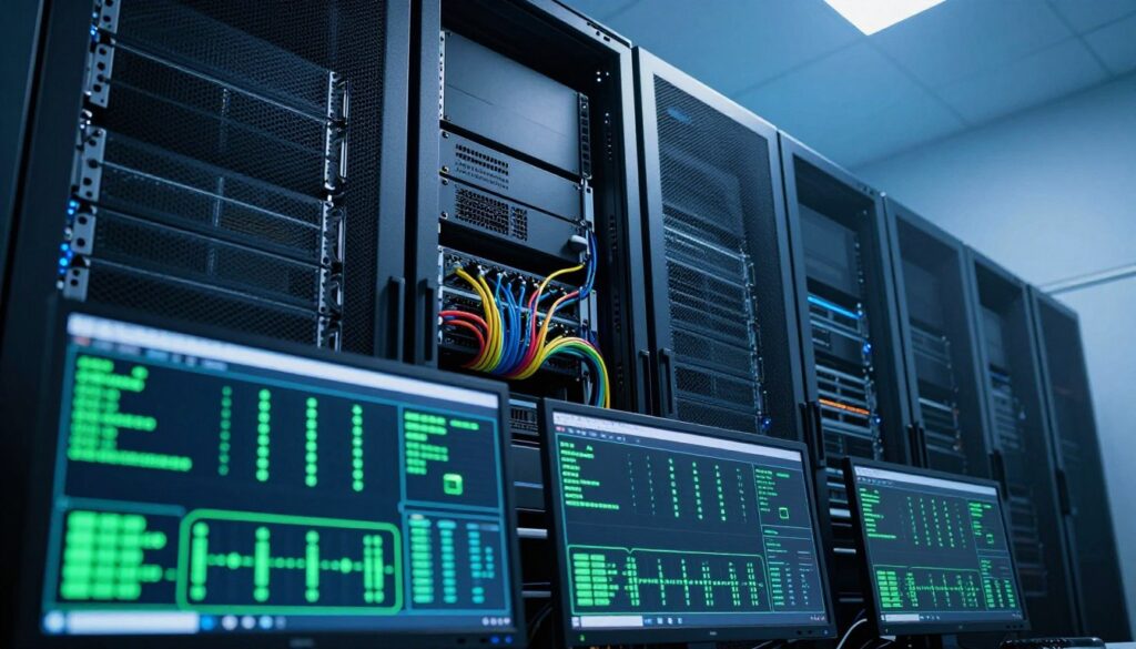 A sophisticated server room filled with sleek, modern servers displaying high uptime connectivity. In the foreground, a close-up view of network monitoring screens showcasing live data and redundancy indicators, glowing with vibrant green lights. The middle ground features racks of hardware organized neatly, with colorful cables running in a tidy fashion. In the background, a soft blue ambient light bathes the room, emphasizing the advanced technology while maintaining a clean, professional atmosphere. The angle is slightly low, looking up towards the impressive hardware, creating a sense of scale. The mood is dynamic yet calm, reflecting reliability and high performance in premium IPTV services. No people are present, focusing solely on the technology.