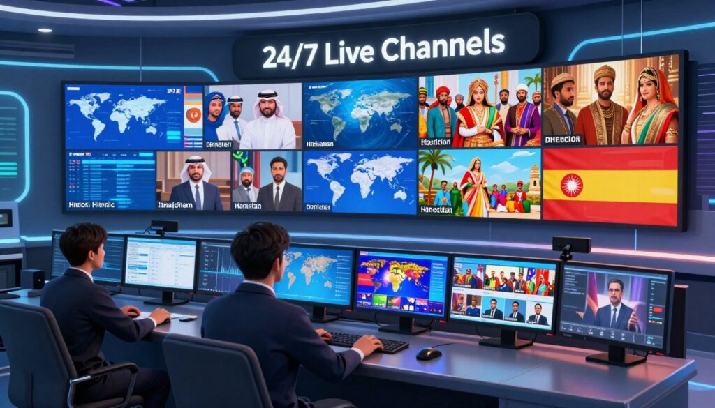 A vibrant digital illustration depicting a modern control room for "24/7 Live Channels" featuring multiple screens displaying news and cultural content from various regions, including Arabic, Hindi, and Spanish. In the foreground, an operator in professional attire focuses on screens showcasing diverse programming, ensuring a cohesive visual flow. The middle layer includes large, high-definition monitors with dynamic graphics, live feeds from international locales, and mesmerizing cultural scenes. The background features a sleek, high-tech environment with ambient lighting in cool tones, emphasizing the innovative nature of 24/7 broadcasting. The atmosphere is energetic and engaging, reflecting a global connection through media. The image should convey a sense of urgency and excitement, embodying the idea of nonstop access to diverse content across time zones. A vibrant digital illustration depicting a modern control room for "24/7 Live Channels" featuring multiple screens displaying news and cultural content from various regions, including Arabic, Hindi, and Spanish. In the foreground, an operator in professional attire focuses on screens showcasing diverse programming, ensuring a cohesive visual flow. The middle layer includes large, high-definition monitors with dynamic graphics, live feeds from international locales, and mesmerizing cultural scenes. The background features a sleek, high-tech environment with ambient lighting in cool tones, emphasizing the innovative nature of 24/7 broadcasting. The atmosphere is energetic and engaging, reflecting a global connection through media. The image should convey a sense of urgency and excitement, embodying the idea of nonstop access to diverse content across time zones.