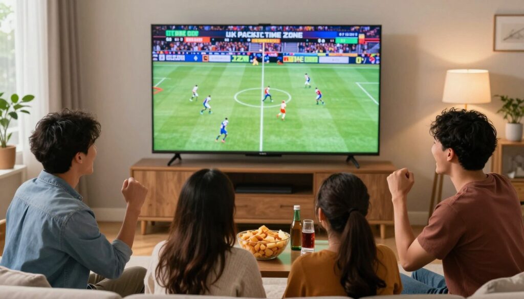 A vibrant living room scene depicting an excited group of friends gathered around a large flat-screen TV, streaming a live sports event during a Pacific Time Zone game night. In the foreground, a diverse group of four friends, wearing casual attire, are smiling and cheering, surrounded by snacks and drinks. The middle ground features the large TV displaying a dynamic sports game, with colorful team logos and action-packed visuals. The background includes cozy furniture and soft lighting, creating a warm and inviting atmosphere, enhanced by natural light streaming through a window. The overall mood is energetic and festive, reflecting the excitement of live sports streaming during prime time.
