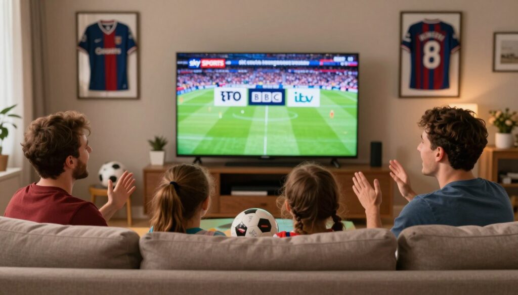 A vibrant living room scene showcasing a family watching sports on a large flat-screen TV. The foreground features a cozy sofa with family members in casual clothing, engrossed in the excitement of the game, displaying expressions of joy and anticipation. In the middle ground, the TV screen prominently shows the logos of popular UK sports channels like Sky Sports, BT Sport, BBC, and ITV, all representing various sports events. The background features soft, ambient lighting that creates a warm and inviting atmosphere, with sports memorabilia on the walls, such as jerseys and signed footballs. The camera angle is slightly low, giving prominence to the family and the TV screen, effectively capturing the essence of sports streaming in a home setting.