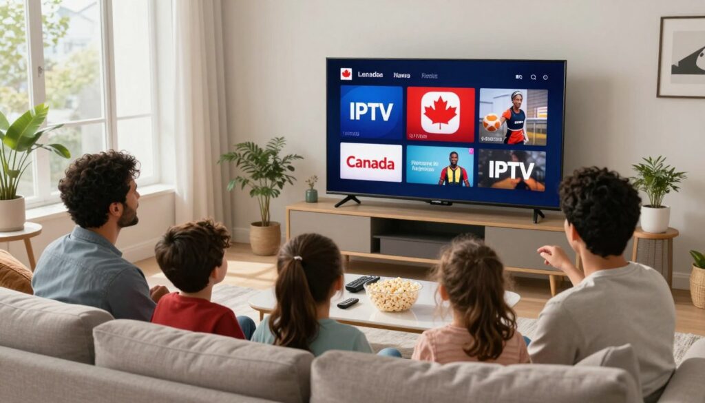 A vibrant, modern living room scene featuring a large flat-screen TV displaying various Canadian IPTV channels with logos for local news, sports, and French-language content. In the foreground, a diverse family of four—two parents and two children—are gathered on a cozy couch, engaging with the screen, showcasing a sense of community and togetherness. The middle ground should present a stylish coffee table cluttered with popcorn and remote controls, emphasizing a relaxed family night atmosphere. The background features large windows with natural light flooding the room, highlighting the cozy decor of the space. The overall mood is warm and inviting, conveying the importance of family-friendly entertainment options available in Canada.