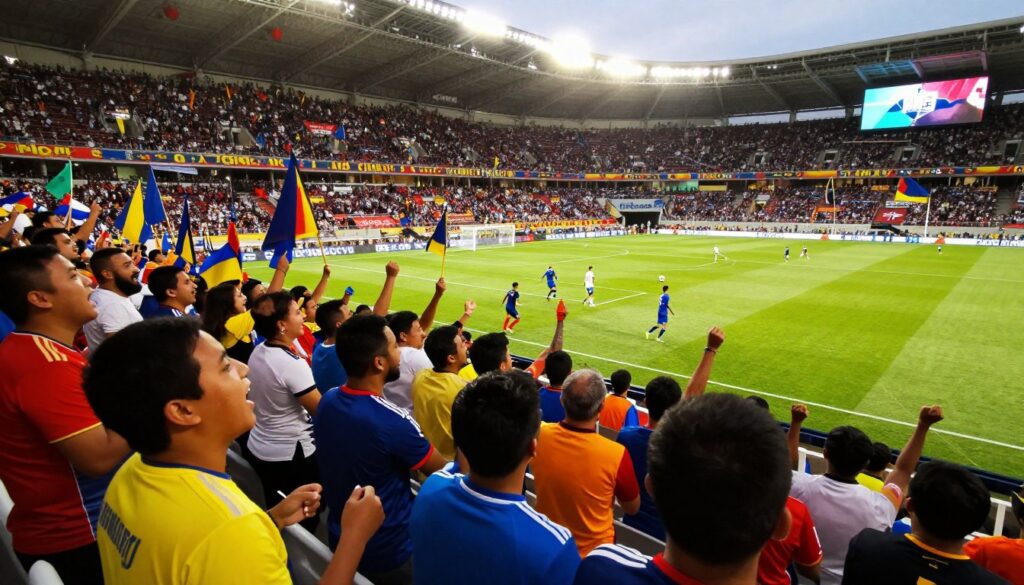 A vibrant scene capturing an exciting live sports event at a packed stadium. In the foreground, a diverse group of enthusiastic fans clad in colorful team jerseys and holding flags, their faces lit up with joy and anticipation. In the middle ground, players engaged in a thrilling moment during the game, exuding athleticism; a soccer ball is being kicked towards the goal, creating a sense of motion. The background features a cheering crowd surrounded by banners and electronic scoreboards, illuminated by dynamic stadium lights that cast a warm glow over the scene. The angle is slightly elevated, giving a panoramic view of the action and the electric atmosphere, emphasizing the thrill of live sports on GetMaxTV.