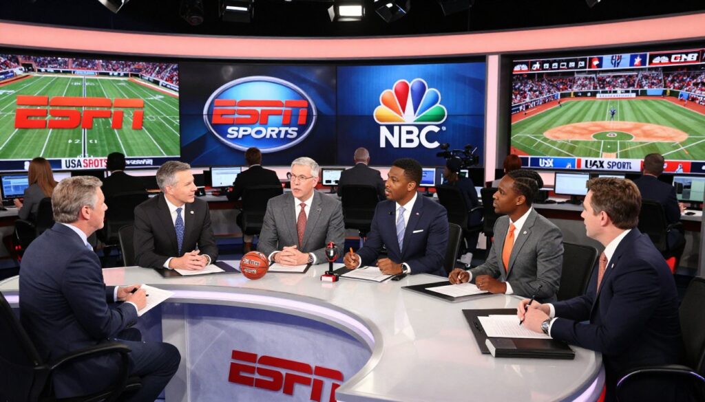 A vibrant sports broadcasting scene capturing the essence of USA sports coverage. In the foreground, a diverse group of sports analysts in professional business attire passionately discussing game highlights at a sleek, modern table adorned with sports memorabilia. The middle ground features large screens displaying iconic logos of ESPN, Fox Sports, and NBC, showcasing live sporting events like football, basketball, and baseball. The background includes a dynamic newsroom filled with energetic staff members, busy with equipment and cameras. Bright, focused lighting illuminates the scene, suggesting an atmosphere of excitement and professionalism. The perspective is a wide-angle shot, offering a comprehensive view of the bustling sports coverage environment, highlighting the dedication to delivering engaging content to viewers. A vibrant sports broadcasting scene capturing the essence of USA sports coverage. In the foreground, a diverse group of sports analysts in professional business attire passionately discussing game highlights at a sleek, modern table adorned with sports memorabilia. The middle ground features large screens displaying iconic logos of ESPN, Fox Sports, and NBC, showcasing live sporting events like football, basketball, and baseball. The background includes a dynamic newsroom filled with energetic staff members, busy with equipment and cameras. Bright, focused lighting illuminates the scene, suggesting an atmosphere of excitement and professionalism. The perspective is a wide-angle shot, offering a comprehensive view of the bustling sports coverage environment, highlighting the dedication to delivering engaging content to viewers.