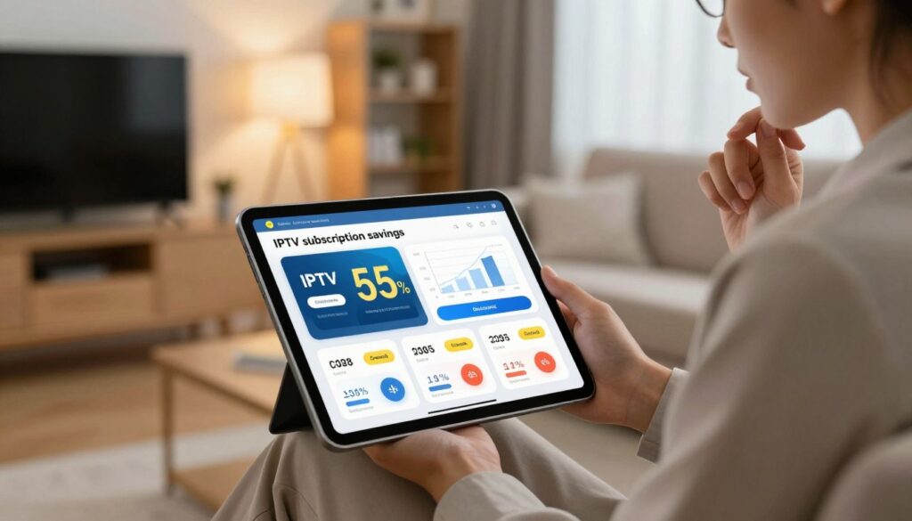 A visually appealing and informative composition highlighting "IPTV subscription savings." In the foreground, a sleek digital tablet displays a user-friendly IPTV subscription interface with appealing graphics illustrating cost comparisons. The middle ground features a person in professional business attire, with a thoughtful expression, examining financial charts and cost-saving benefits, showcasing their satisfaction. The background presents a modern living room setting with a cozy couch and a TV, symbolizing home entertainment. Soft, warm lighting casts a welcoming glow, emphasizing an atmosphere of smart financial decisions. The camera angle should focus on the tablet in the foreground while capturing the context of the living room, creating an inviting ambiance that conveys savings and enjoyment.