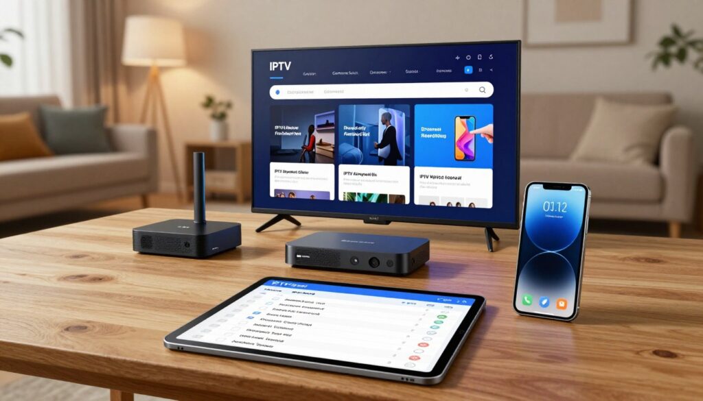 A visually appealing device compatibility checklist laid out on a wooden desk. In the foreground, a sleek tablet displays a detailed checklist of IPTV BT Sport alternatives with checkboxes, icons for various devices such as smart TVs, streaming boxes, and mobile phones. In the middle, various devices are artfully arranged – a smart TV, a streaming device, and a smartphone – all showcasing their compatibility with IPTV options. The background features a softly blurred living room setup with warm lighting, a couch, and subtle home decor, creating a cozy atmosphere. The scene has a professional tone, focused on technology and accessibility, ensuring clarity and ease of understanding in the layout and color scheme.