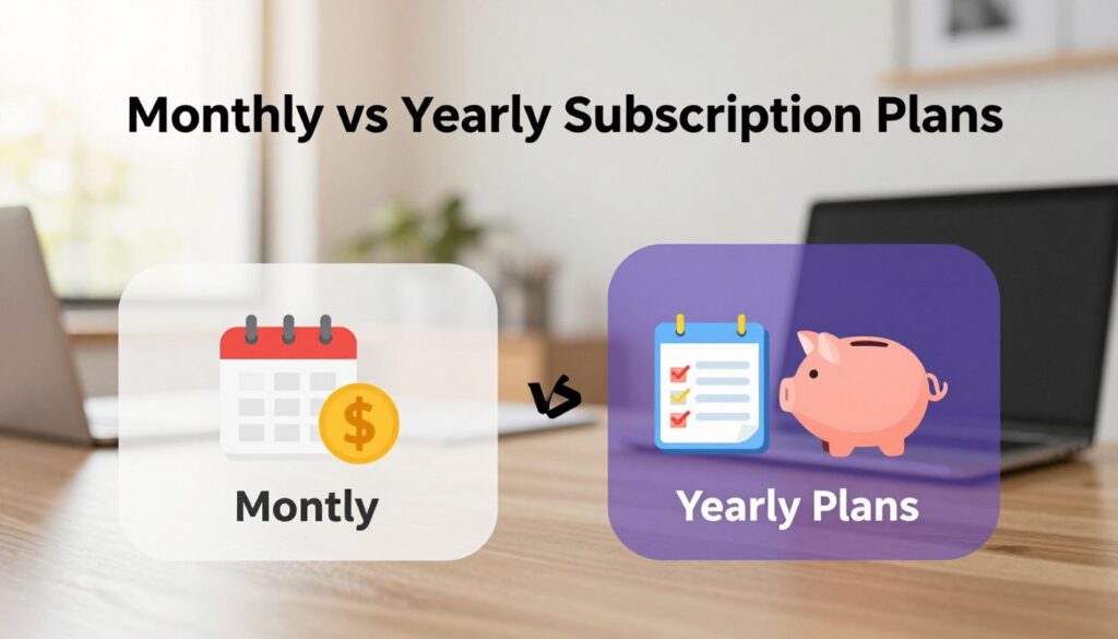 A visually engaging comparison chart illustrating "Monthly vs Yearly Subscription Plans" for a streaming service. In the foreground, an elegantly designed infographic displays two distinct sections for monthly and yearly plans, using contrasting colors for clarity. The middle of the image features icons representing monthly payments like a calendar and a dollar sign, while the yearly plan is depicted with an annual planner and a piggy bank. The background should be a soft-focus office setting, bathed in warm, natural light to create an inviting atmosphere. The overall mood should be professional yet friendly, inviting viewers to consider their options thoughtfully. The angle should be slightly elevated, giving a comprehensive view of the comparison without distractions or text overlays. A visually engaging comparison chart illustrating "Monthly vs Yearly Subscription Plans" for a streaming service. In the foreground, an elegantly designed infographic displays two distinct sections for monthly and yearly plans, using contrasting colors for clarity. The middle of the image features icons representing monthly payments like a calendar and a dollar sign, while the yearly plan is depicted with an annual planner and a piggy bank. The background should be a soft-focus office setting, bathed in warm, natural light to create an inviting atmosphere. The overall mood should be professional yet friendly, inviting viewers to consider their options thoughtfully. The angle should be slightly elevated, giving a comprehensive view of the comparison without distractions or text overlays.