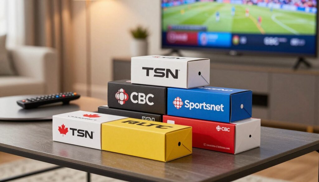 A visually engaging composition showcasing a variety of subscription TV packages, neatly stacked in a modern, sleek arrangement. In the foreground, depict several colorful boxes labeled with different Canadian channels like TSN, Sportsnet, and CBC, each box having distinct, vibrant designs reflecting the content inside. The middle layer should include a polished table with a remote control and a flat-screen TV displaying a blurred image of a sports event, hinting at the value of the packages. In the background, a stylish living room with warm lighting creates a cozy atmosphere, enhancing the feeling of home entertainment. Use soft, natural light to convey an inviting mood, captured from a slightly elevated angle to emphasize the packages and their appeal to the viewer. A visually engaging composition showcasing a variety of subscription TV packages, neatly stacked in a modern, sleek arrangement. In the foreground, depict several colorful boxes labeled with different Canadian channels like TSN, Sportsnet, and CBC, each box having distinct, vibrant designs reflecting the content inside. The middle layer should include a polished table with a remote control and a flat-screen TV displaying a blurred image of a sports event, hinting at the value of the packages. In the background, a stylish living room with warm lighting creates a cozy atmosphere, enhancing the feeling of home entertainment. Use soft, natural light to convey an inviting mood, captured from a slightly elevated angle to emphasize the packages and their appeal to the viewer.
