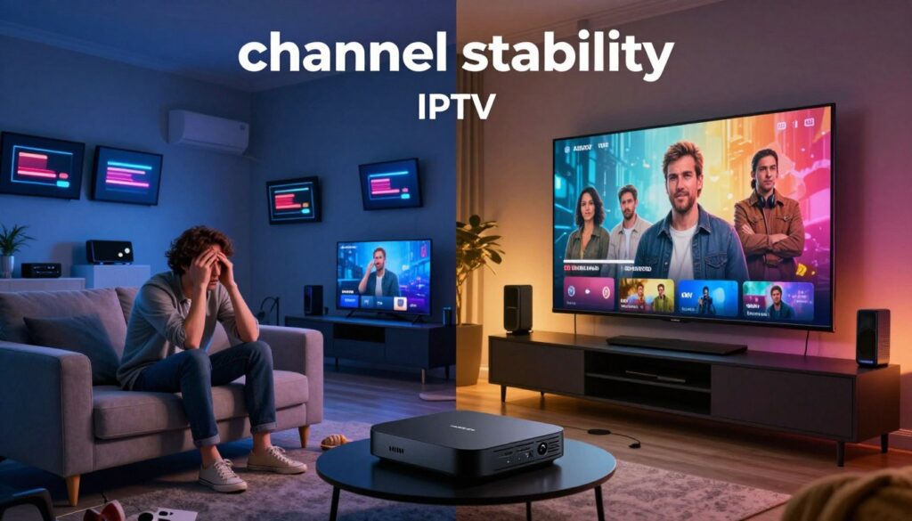 A visually engaging split-screen image depicting the concept of "channel stability" in IPTV services. On the left, showcase a cluttered living room with a frustrated viewer sitting on a sofa, surrounded by multiple streaming devices displaying buffering icons, dim lighting, and a chaotic atmosphere. On the right, portray a sleek home theater setup with a content viewer immersed in high-definition content, surrounded by modern technology and vibrant colors, basking in warm, inviting lighting. Incorporate elements like a high-quality streaming device next to a high-definition display to emphasize the contrast between cheap and premium services. Use a wide-angle lens to capture the full depth of both setups, and evoke a mood of contrast between frustration and satisfaction.