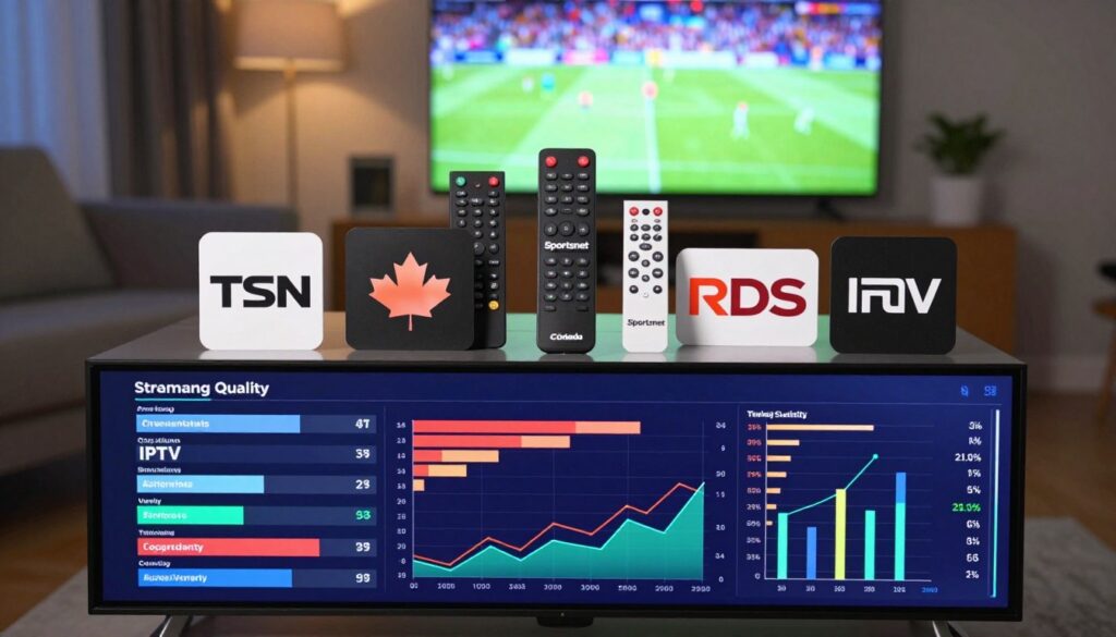 A visually striking comparison snapshot of IPTV services in Canada, featuring distinct elements representing TSN, Sportsnet, and RDS. In the foreground, a sleek digital dashboard displays vivid graphical representations of performance metrics such as streaming quality, channel variety, and customer satisfaction ratings, presented in colorful bar and line graphs. The middle layer shows a series of modern remote controls, each branded with the respective services' logos, placed on a polished surface. The background features a cozy living room setting illuminated by soft, ambient lighting, showcasing a large flat-screen TV displaying a sports event. The overall mood is dynamic and engaging, capturing the excitement of sports viewing while highlighting the comparative aspects of the services.