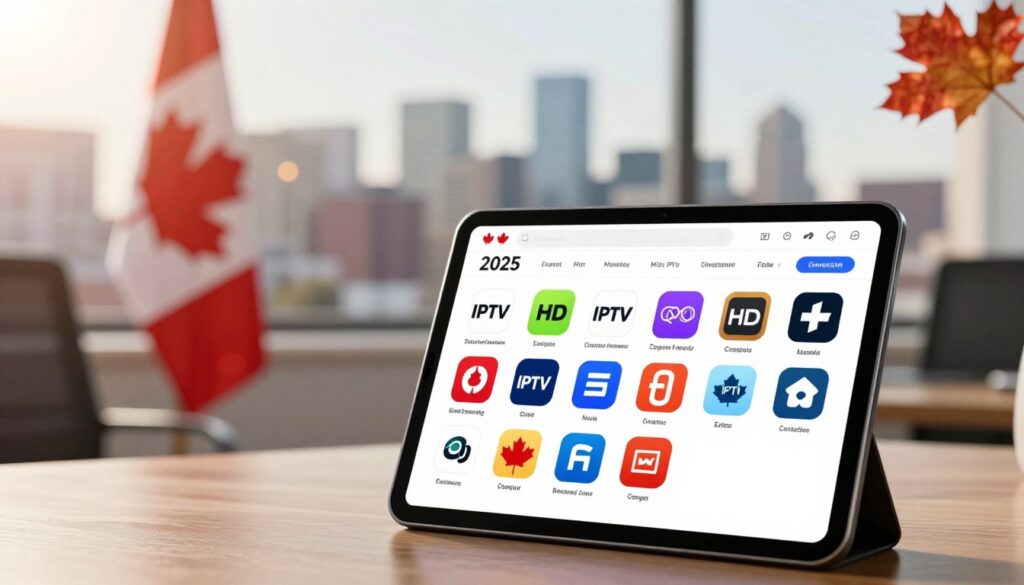 A visually striking comparison snapshot showcasing the top IPTV services for Canadian channels in 2025. In the foreground, a sleek digital tablet displaying vibrant icons of various IPTV service logos, highlighting features like HD streaming and Canadian content. The middle ground features an elegant office setting with a blurred image of a Canadian flag and maple leaves, symbolizing the local focus of these services. The background includes a soft-focus city skyline of a typical Canadian city, enhancing the context. Utilize warm, inviting lighting to create a professional atmosphere, with a slight lens flare effect to add depth. The composition should evoke a sense of advancement and innovation in digital media streaming, with a clear, modern aesthetic.