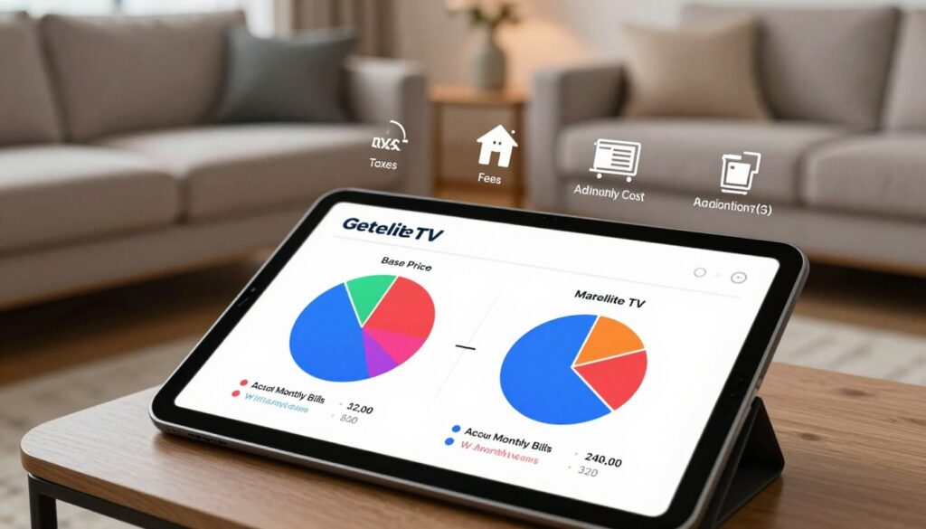 A visually striking image depicting a real monthly cost comparison between GetMaxTV and Satellite TV. In the foreground, a sleek, modern digital tablet displays two vibrant pie charts: one representing the base price of each service and the other showcasing the actual monthly bills with various expenses. In the middle ground, there are discreet icons representing additional costs like taxes, fees, and equipment rentals, elegantly arranged around the charts. The background features a cozy living room setting with a stylish sofa and soft lighting, creating an inviting atmosphere. The scene is captured from a slight overhead angle, enhancing the focus on the tablet while allowing the viewer to feel immersed in the environment. The overall mood is informative and professional, suitable for a comparative analysis. A visually striking image depicting a real monthly cost comparison between GetMaxTV and Satellite TV. In the foreground, a sleek, modern digital tablet displays two vibrant pie charts: one representing the base price of each service and the other showcasing the actual monthly bills with various expenses. In the middle ground, there are discreet icons representing additional costs like taxes, fees, and equipment rentals, elegantly arranged around the charts. The background features a cozy living room setting with a stylish sofa and soft lighting, creating an inviting atmosphere. The scene is captured from a slight overhead angle, enhancing the focus on the tablet while allowing the viewer to feel immersed in the environment. The overall mood is informative and professional, suitable for a comparative analysis.