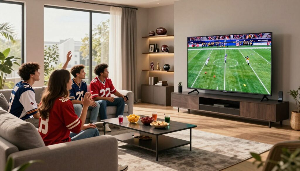 A visually stunning, modern living room setting designed for sports enthusiasts, featuring a large ultra-high-definition television displaying an exciting live sports event, such as an NFL game. In the foreground, a comfortable sofa and stylish coffee table filled with snacks and drinks create an inviting atmosphere. The middle showcases a group of friends dressed in casual sports jerseys, intently watching the game, expressing enthusiasm and joy. Soft ambient lighting enhances the cozy feel, while sunlight streams in through large windows, casting natural light across the room. In the background, shelves adorned with sports memorabilia add character. The mood is lively and energetic, capturing the essence of enjoying live sports streamed in high quality. A visually stunning, modern living room setting designed for sports enthusiasts, featuring a large ultra-high-definition television displaying an exciting live sports event, such as an NFL game. In the foreground, a comfortable sofa and stylish coffee table filled with snacks and drinks create an inviting atmosphere. The middle showcases a group of friends dressed in casual sports jerseys, intently watching the game, expressing enthusiasm and joy. Soft ambient lighting enhances the cozy feel, while sunlight streams in through large windows, casting natural light across the room. In the background, shelves adorned with sports memorabilia add character. The mood is lively and energetic, capturing the essence of enjoying live sports streamed in high quality.