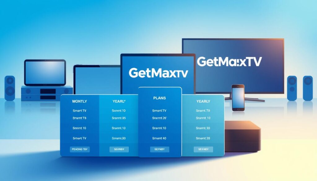 A clean and modern digital illustration depicting pricing subscription options for streaming services. In the foreground, display a sleek table with various subscription plans labeled clearly, featuring monthly and yearly pricing. Each plan should be visually distinct, using shades of blue to maintain a cohesive color scheme. In the middle ground, showcase popular streaming devices such as smart TVs, tablets, and smartphones, elegantly arranged to suggest accessibility. The background should be a soft gradient of blue, invoking a tech-savvy atmosphere. Warm, diffused lighting is essential to create an inviting mood. Include the brand name "GetMaxTV" prominently on one of the devices, ensuring it is incorporated seamlessly into the scene. The composition should feel dynamic yet professional, capturing the essence of modern streaming services.