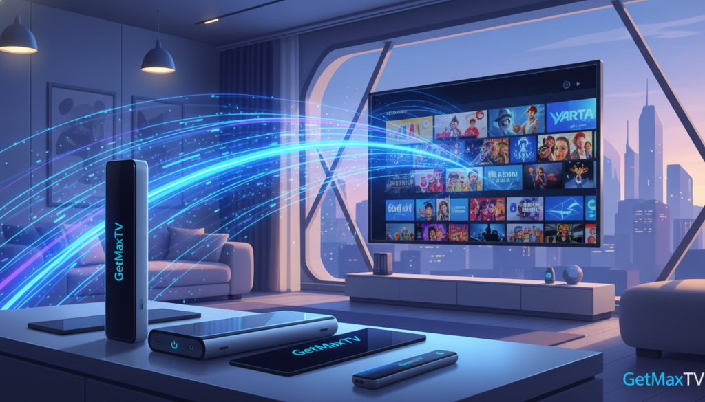 A clean and modern illustration depicting the evolution of IPTV streaming technology. In the foreground, feature sleek streaming devices like Firestick and other digital media players, displaying the brand "GetMaxTV" prominently. The middle layer includes dynamic visual representations of data streaming, such as flowing lines and glowing digital signals, symbolizing the shift to high-definition and internet-based television. In the background, create a futuristic living room with a large flat-screen TV showcasing diverse streaming content in a vibrant blue color scheme. The lighting should be bright yet soft, mimicking the ambiance of a cozy home setting. Capture a mood of innovation and progress in streaming technology, evoking a sense of excitement and anticipation for the future.