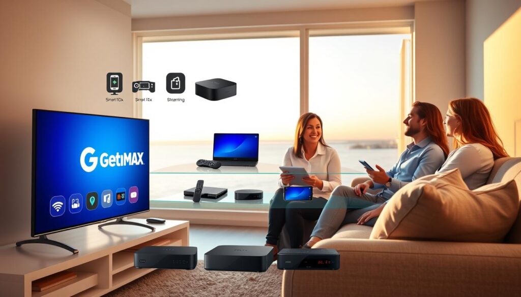 A clean and modern living room scene showcasing the benefits of IPTV over traditional cable. In the foreground, a sleek television displaying the "GetMaxTV" logo, with various streaming icons around it. A comfortable sofa with plush cushions is positioned to the side, where two individuals in professional attire engage in a friendly discussion, their expressions reflecting excitement and engagement. The middle layer features an assortment of streaming devices, such as a smart box and tablet, illustrating versatility. The background is softly lit, with a large window revealing a serene outdoor view, enhancing the atmosphere of comfort and modernity. The color scheme is predominantly blue, giving the scene a tech-savvy, contemporary vibe, with warm lighting casting gentle shadows for depth. A clean and modern living room scene showcasing the benefits of IPTV over traditional cable. In the foreground, a sleek television displaying the "GetMaxTV" logo, with various streaming icons around it. A comfortable sofa with plush cushions is positioned to the side, where two individuals in professional attire engage in a friendly discussion, their expressions reflecting excitement and engagement. The middle layer features an assortment of streaming devices, such as a smart box and tablet, illustrating versatility. The background is softly lit, with a large window revealing a serene outdoor view, enhancing the atmosphere of comfort and modernity. The color scheme is predominantly blue, giving the scene a tech-savvy, contemporary vibe, with warm lighting casting gentle shadows for depth.