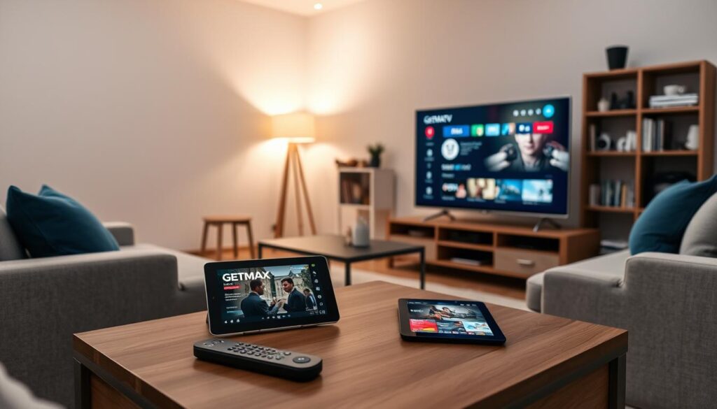 A clean and modern living room set up for streaming, showcasing a sleek TV displaying the GetMaxTV platform interface. In the foreground, a stylish coffee table with a remote control and a tablet streaming TVA content is highlighted. The middle ground features a comfortable couch adorned with blue cushions, subtly matching the color scheme. Soft, ambient lighting creates a cozy atmosphere, with a warm glow from a lamp in a corner. In the background, minimalist decor and a bookshelf filled with media accessories enhance the streaming theme. The scene conveys a relaxed mood, ideal for enjoying TV shows without cable, inviting viewers into the world of digital entertainment.