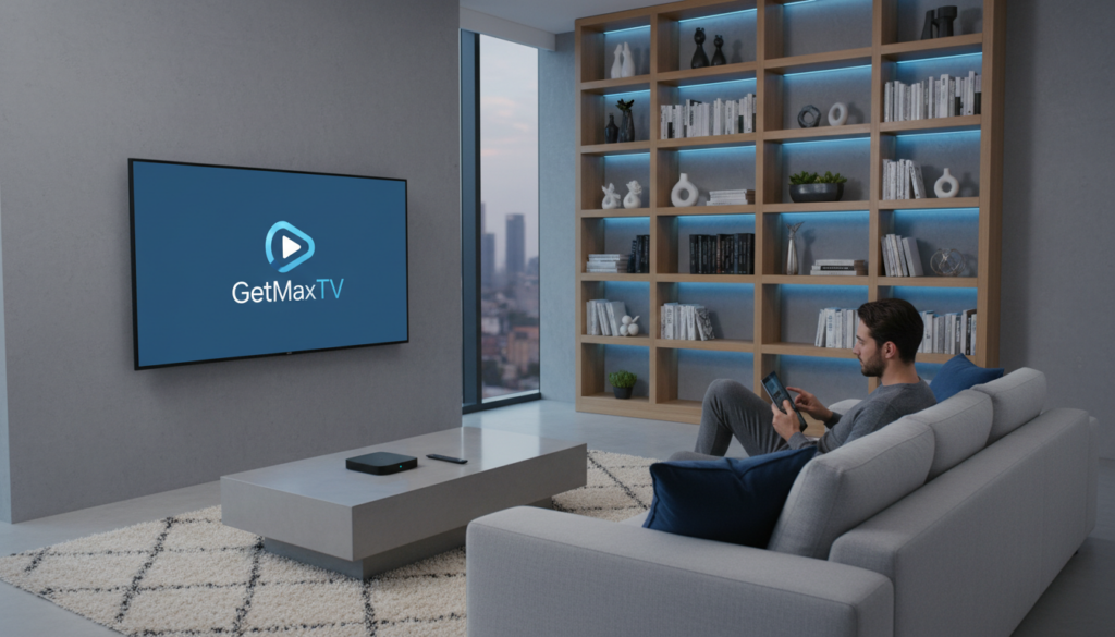 A clean and modern living room setting, featuring a sleek smart TV displaying the logo of "GetMaxTV". In the foreground, a stylish coffee table with a streaming device and a remote control rests on a plush area rug. The middle ground showcases a comfortable sofa with cushions, where a casually dressed person is intently watching a show on the TV, representing the ease of IPTV. The background includes a well-organized shelf with books and decorative items, with soft blue ambient lighting enhancing the serene atmosphere. Use a wide-angle lens to capture the entire scene, ensuring a bright and inviting feel, emphasizing the concept of internet protocol television streaming in a contemporary environment.