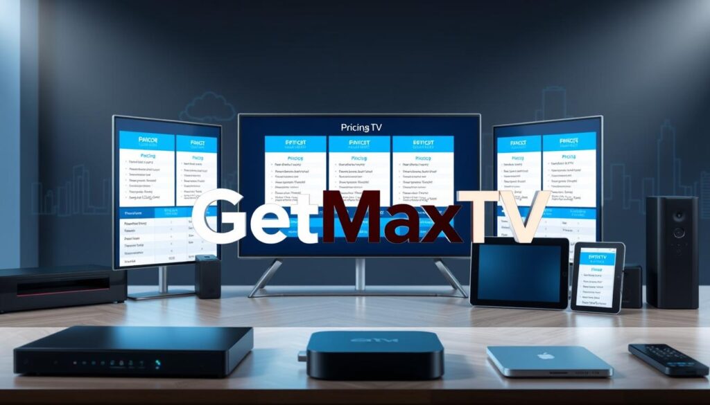 A clean and modern representation of IPTV pricing plans, featuring sleek digital devices like smart TVs, streaming boxes, and tablets in the foreground. The middle layer showcases a visually appealing layout of various pricing tiers and packages, incorporating vibrant blue tones to emphasize a tech-savvy atmosphere. The background includes abstract outlines of cityscapes or cloud technology, symbolizing connectivity and modernity. Soft, focused lighting creates a professional and inviting mood. Incorporate the brand name "GetMaxTV" prominently but stylishly within the composition, harmonizing with the overall design, ensuring no text overlays or captions disrupt the visual experience. The image captures the essence of a contemporary IPTV service, perfect for an informative overview.