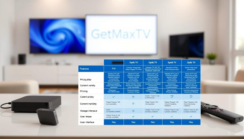 A clean, modern comparison chart illustrating "Telus Optik TV Alternatives: A Comparative Analysis". In the foreground, feature sleek streaming devices and TV remotes, artfully arranged on a minimalist desk. In the middle ground, show a detailed, organized breakdown table comparing features like pricing, content variety, and user interface, highlighted with a blue color scheme to create a cohesive feel. The background should be a blurred living room setting with a large, contemporary TV displaying the brand name "GetMaxTV". Use soft, diffused lighting to enhance the professional and engaging atmosphere, capturing the essence of innovation in home entertainment. The angle should be slightly above eye level, allowing a clear view of the devices and the comparative analysis table without any text elements. A clean, modern comparison chart illustrating "Telus Optik TV Alternatives: A Comparative Analysis". In the foreground, feature sleek streaming devices and TV remotes, artfully arranged on a minimalist desk. In the middle ground, show a detailed, organized breakdown table comparing features like pricing, content variety, and user interface, highlighted with a blue color scheme to create a cohesive feel. The background should be a blurred living room setting with a large, contemporary TV displaying the brand name "GetMaxTV". Use soft, diffused lighting to enhance the professional and engaging atmosphere, capturing the essence of innovation in home entertainment. The angle should be slightly above eye level, allowing a clear view of the devices and the comparative analysis table without any text elements.