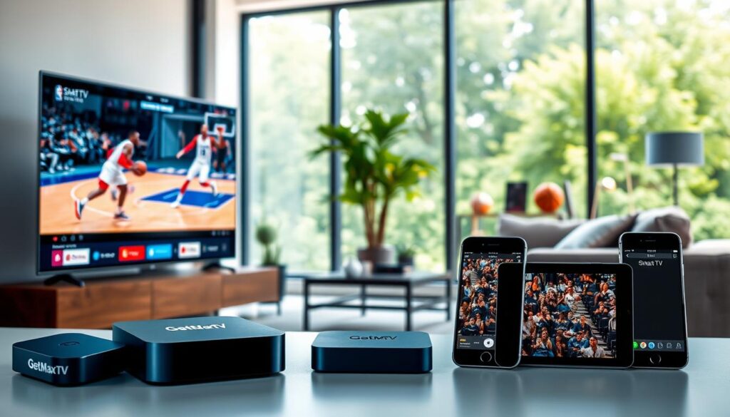 A clean, modern composition focusing on various streaming devices compatible with basketball viewing. In the foreground, feature a sleek, contemporary television displaying an NBA game in action. Surround the TV with popular streaming devices, such as a smart box, tablet, and smartphone, all prominently branded with "GetMaxTV". In the middle ground, depict a stylish living room setting with a cozy couch and subtle basketball-themed decor, like a small hoop and a basketball on a shelf. The background shows large windows with a serene view of outdoor greenery, allowing natural light to illuminate the scene, creating a warm atmosphere. Use a blue color scheme to tie it all together, enhancing the cool, modern feel. Capture the essence of enjoying basketball at home without cable, evoking a sense of excitement and comfort.