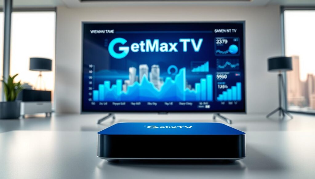 A clean, modern composition highlighting market data and streaming trends. In the foreground, depict sleek streaming devices such as smart TVs and set-top boxes with the brand name "GetMaxTV" prominently displayed. In the middle ground, include dynamic graphs and charts with vibrant blue colors, illustrating market trends and viewer statistics. The background features a minimalist office setting, evoking a professional atmosphere, with soft-focus city skyline visible through a large window. Use soft, diffused lighting to create a calm yet engaging mood, capturing the essence of innovation in the streaming industry. The overall angle is slightly above eye level, inviting viewers to explore the emerging trends in the market.