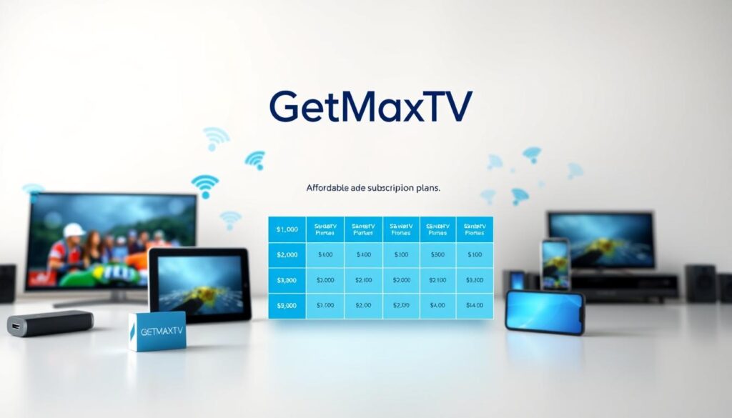 A clean, modern composition showcasing affordable subscription plans for IPTV services, centered around the brand "GetMaxTV". In the foreground, visually engaging graphics of various streaming devices such as smart TVs, tablets, and smartphones, with clear pricing icons displayed around them. The middle ground features an abstract, elegant chart highlighting different subscription tiers in a cheerful blue color scheme. In the background, soft-focus elements representing digital connectivity, like Wi-Fi symbols and cable connections, create an inviting atmosphere. The lighting is bright and well-balanced, emphasizing clarity, with a slightly angled perspective to add depth. Overall, the mood is professional yet approachable, inviting viewers to consider transparent and affordable IPTV options.