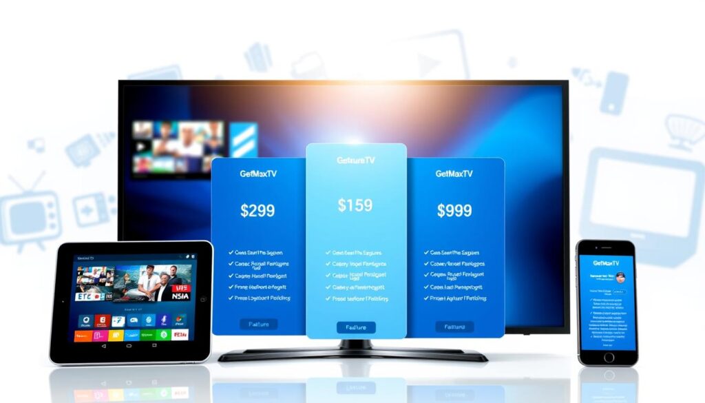 A clean, modern design showcasing GetMaxTV's pricing plans in a visually appealing format. In the foreground, feature sleek digital devices like a smart TV, tablet, and smartphone displaying vibrant streaming visuals. In the middle, display a clear, organized layout of three distinct pricing tiers, each enclosed within glossy cards that highlight features and pricing details. Use a blue color scheme to maintain a cohesive theme while incorporating light reflections for a polished effect. In the background, a subtle abstract design incorporating streaming symbols and television graphics enhances the tech-savvy atmosphere. The lighting should be bright and inviting, creating a sense of accessibility and excitement for viewers interested in cable-free sports viewing options. A clean, modern design showcasing GetMaxTV's pricing plans in a visually appealing format. In the foreground, feature sleek digital devices like a smart TV, tablet, and smartphone displaying vibrant streaming visuals. In the middle, display a clear, organized layout of three distinct pricing tiers, each enclosed within glossy cards that highlight features and pricing details. Use a blue color scheme to maintain a cohesive theme while incorporating light reflections for a polished effect. In the background, a subtle abstract design incorporating streaming symbols and television graphics enhances the tech-savvy atmosphere. The lighting should be bright and inviting, creating a sense of accessibility and excitement for viewers interested in cable-free sports viewing options.