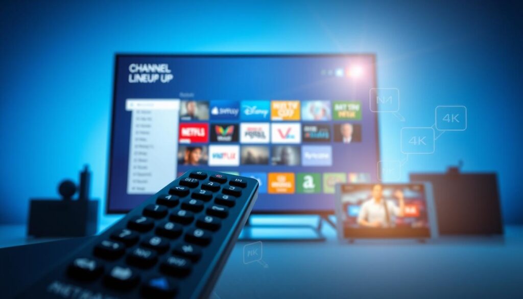 A clean, modern digital composition featuring a sleek television displaying a detailed channel lineup interface from the brand "GetMaxTV". In the foreground, show a remote control with visible buttons, symbolizing streaming interactivity. The middle ground captures a variety of streaming devices, such as a smart TV, tablet, and mobile phone, showcasing seamless connectivity and user-friendly experience. The background is a soft blend of blue tones, evoking a calming, tech-savvy atmosphere. Include abstract representations of streaming quality icons, like HD and 4K symbols, subtly integrated into the design. The lighting is bright and inviting, with a slight lens flare, suggesting a cutting-edge, high-tech environment perfect for modern entertainment.