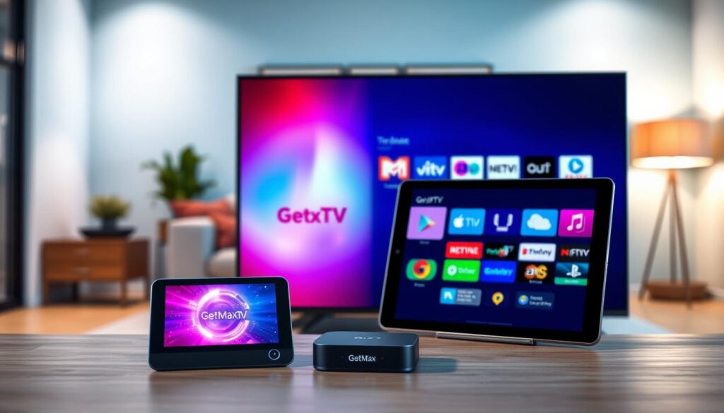 A clean, modern digital composition showcasing IPTV service features with a blue color scheme. In the foreground, a sleek smart TV displays vibrant streaming icons and logos, including "GetMaxTV", highlighting the variety of channels and on-demand content. To the middle, add a stylish streaming device and a tablet showing a user-friendly interface, emphasizing ease of navigation and accessibility. In the background, a cozy living room setting with a comfortable sofa and ambient lighting to create a relaxed atmosphere. Soft lighting illuminates the scene, giving it a welcoming feel, while a subtle bokeh effect highlights the IPTV elements. The overall mood conveys innovation and convenience, reflecting the essential facts about the IPTV service.
