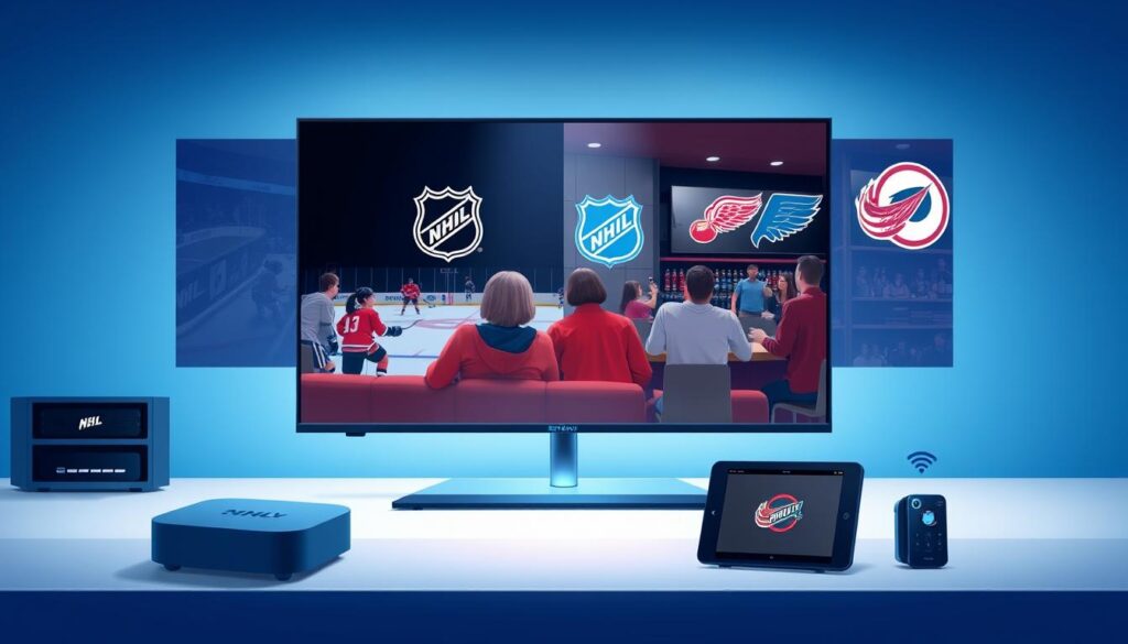 A clean, modern digital illustration depicting the contrast between national and regional NHL coverage. In the foreground, a sleek TV displaying a live NHL game, surrounded by streaming devices like a smart box and tablet, all branded with "GetMaxTV." In the middle, visuals of hockey fans watching the game from diverse settings: a cozy living room with a couple in casual clothing, and a bar where friends enjoy the game, all showcasing excitement. In the background, a split screen showing the NHL logo on one side and regional team logos on the other, symbolizing the distinction in coverage. The color scheme primarily uses shades of blue, evoking a professional yet inviting atmosphere, with soft lighting to create a warm and engaging mood. The angle captures a dynamic viewpoint, emphasizing the modern streaming options. A clean, modern digital illustration depicting the contrast between national and regional NHL coverage. In the foreground, a sleek TV displaying a live NHL game, surrounded by streaming devices like a smart box and tablet, all branded with "GetMaxTV." In the middle, visuals of hockey fans watching the game from diverse settings: a cozy living room with a couple in casual clothing, and a bar where friends enjoy the game, all showcasing excitement. In the background, a split screen showing the NHL logo on one side and regional team logos on the other, symbolizing the distinction in coverage. The color scheme primarily uses shades of blue, evoking a professional yet inviting atmosphere, with soft lighting to create a warm and engaging mood. The angle captures a dynamic viewpoint, emphasizing the modern streaming options.
