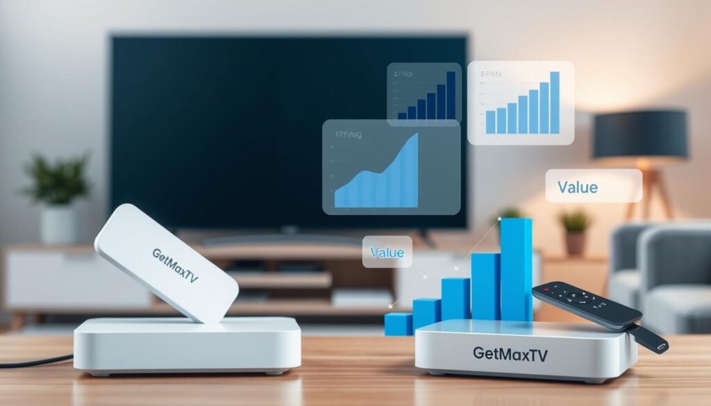 A clean, modern graphic capturing the essence of pricing structures and value analysis in a streaming context. The foreground features sleek white and blue IPTV devices, such as a Smart TV and a streaming box labeled "GetMaxTV," showcasing modern technology. In the middle ground, abstract representations of pricing charts and value metrics float prominently, using a mix of blue and gray tones for a professional atmosphere. The background depicts a blurred living room setting with soft lighting, creating a cozy yet sophisticated ambiance. The overall mood is analytical and forward-looking, emphasizing clarity and professionalism, ideal for illustrating a tech-focused comparison. No text, logos, or watermarks present in the image.