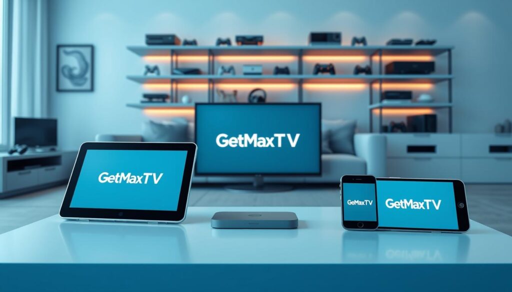 A clean, modern illustrated scene showcasing a variety of streaming devices symbolizing device compatibility and multi-platform support. In the foreground, prominently display a sleek tablet, smart TV, and smartphone, each featuring the "GetMaxTV" logo on their screens, elegantly positioned on a stylish coffee table. The middle ground should include a contemporary living room setting with a cozy sofa and ambient lighting that highlights the devices. In the background, shelves filled with digital devices like gaming consoles and laptops create depth, emphasizing a tech-savvy atmosphere. Use a blue color scheme to evoke a sense of trust and reliability, with soft lighting that casts a warm glow, giving the image an inviting yet professional feel. The angle should be slightly above eye level, capturing the devices in a way that showcases their features without any text or branding distractions.
